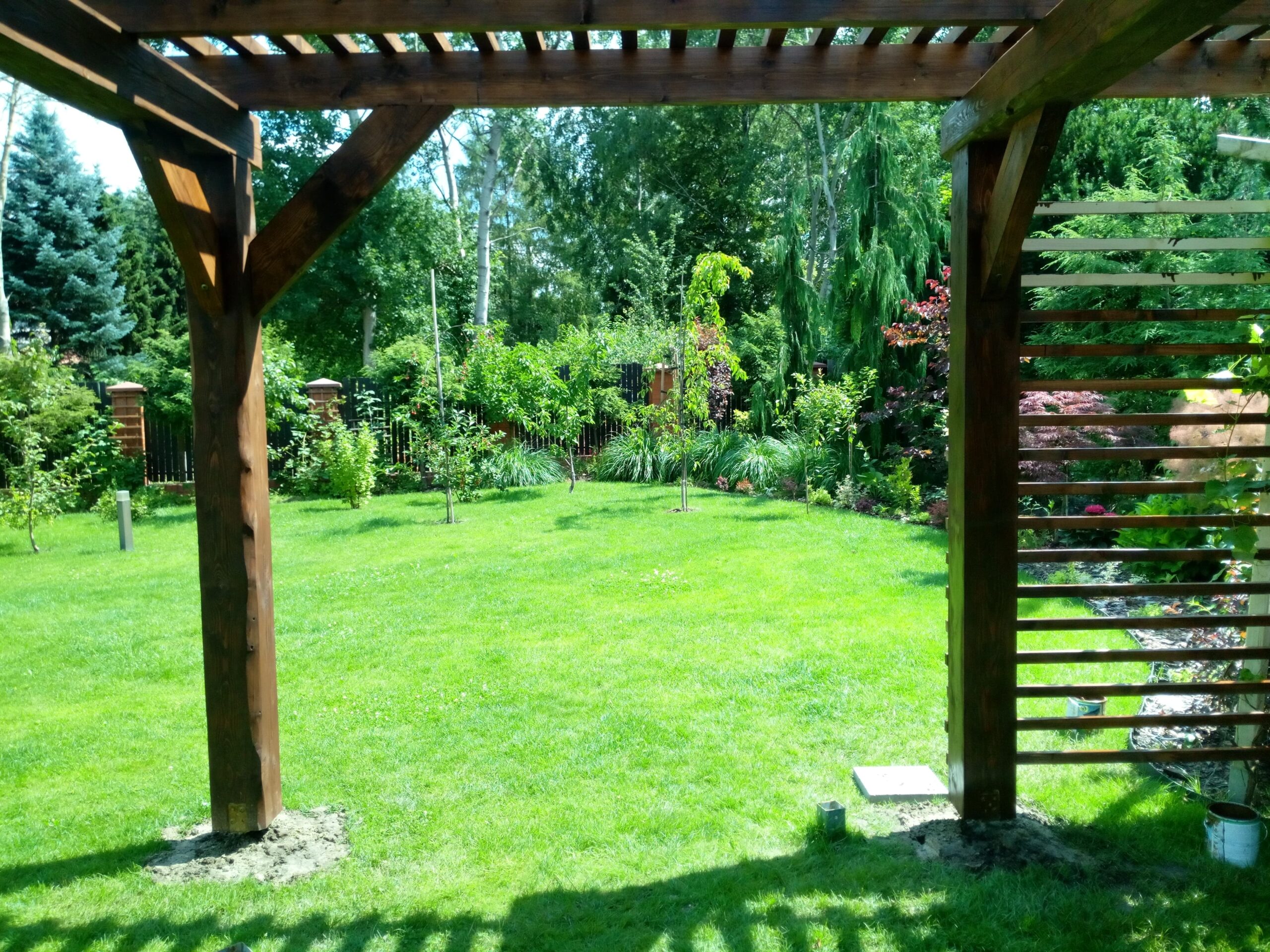 widok z wnetrza pergoli drewnianej w zielonym ogrodzie