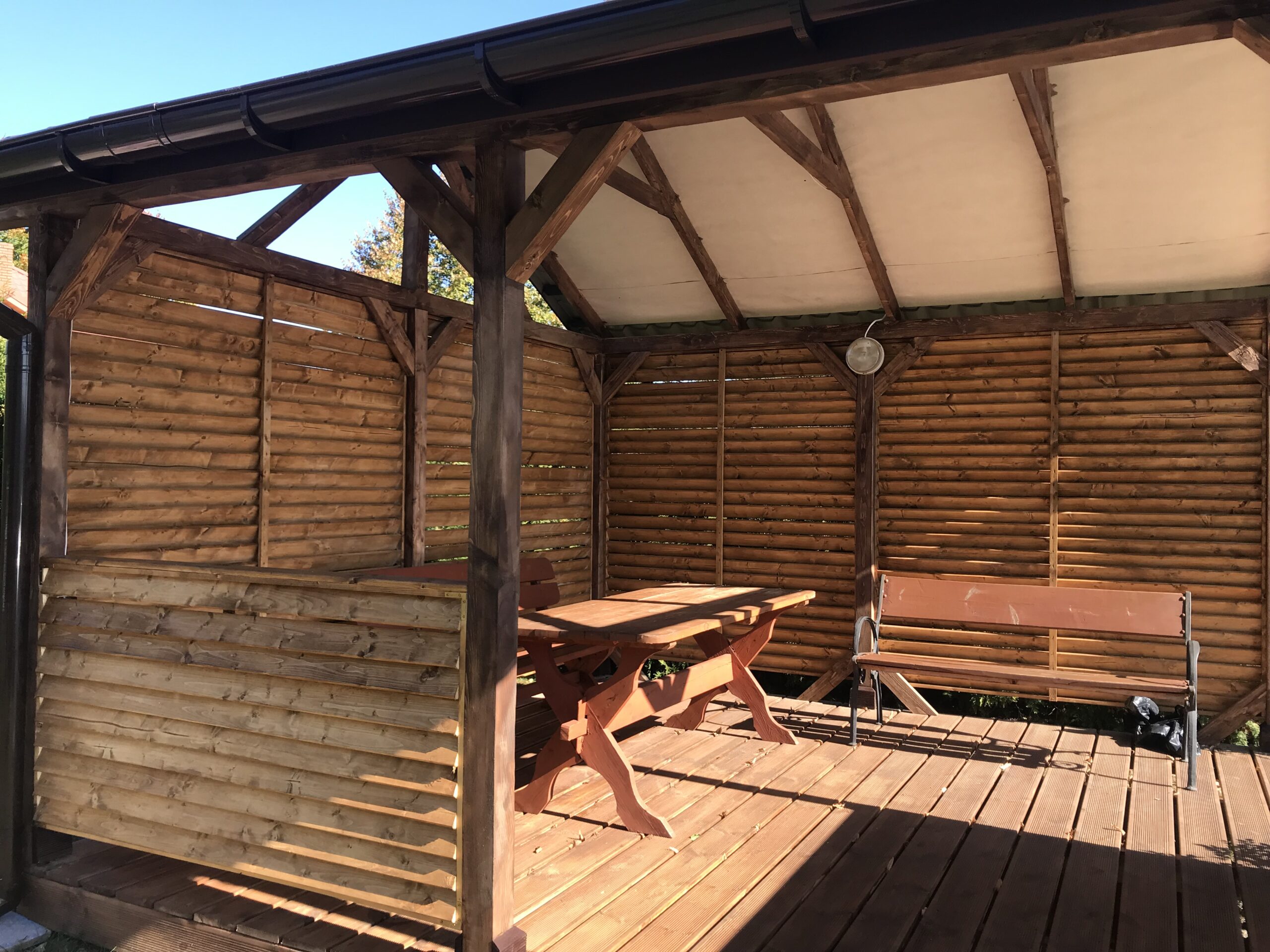 funkcjonalne wnętrze drewnianej altany ogrodowej z ławkami i stołami